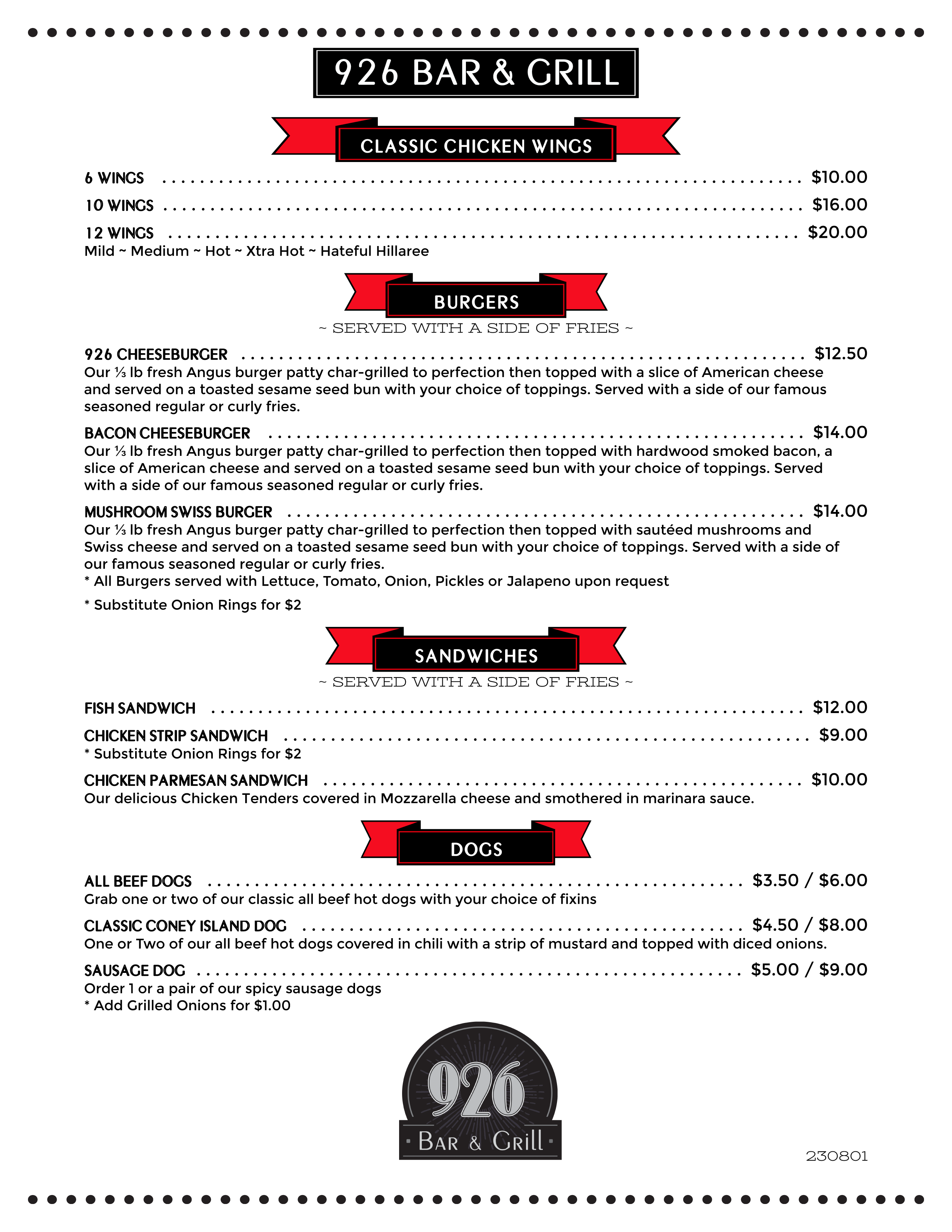 926 Grill Menu page 2